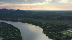 Top aerial view from Perfurm river (Huong river) with Thien Mu pagoda in afternoon summer in Hue, Vietnam.