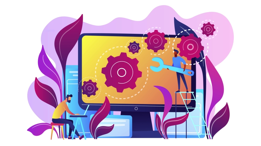 Software development process, back-end concept loop animation isolated on white background with alpha channel luma matte. 4K seamless loopable video footage of the soft developers in work process.