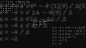 Example of quadratic formula in neon with flying dissolving formulas in background chalkboard - Powered by Shutterstock - Get 15% off with code: PIKWIZARD15