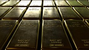 Close-up view of fine gold bars. Camera showing stack of fine gold bars with scratches on its surface. Looped 3d Animation 4k Ultra HD 3840x2160 - Powered by Shutterstock - Get 15% off with code: PIKWIZARD15