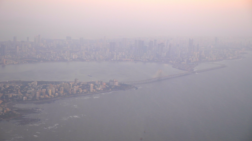 4k footage of Bandra Worli sea link also known as Rajiv Gandhi Sea link, shot from plane window.