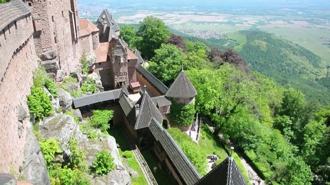 Orschwiller, France - Circa 2014: Pan over the top of Haut-Koenigsbourg castle in Orschwiller Alsace, France and to Alsace valley from above