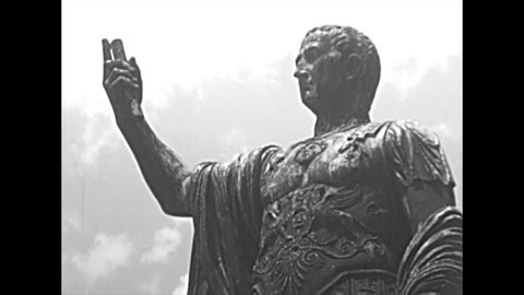 Statue of Marco Cocceio Nerva Caesar Augustus, Roman emperor Caesar in Imperial Forums road of Rome. BW historical archival of in Roman Forum. Rome capital of Italy in the 1960s.