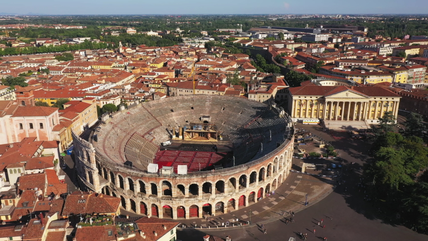 Aerial video with drone.  Historical site, Arena in the city of Verona, Italy. Royalty-Free Stock Footage #1032193106