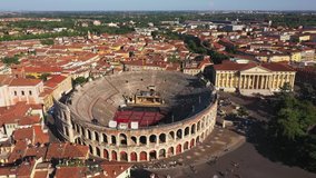 Aerial video with drone.  Historical site, Arena in the city of Verona, Italy.