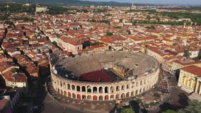 Aerial video with drone.  Historical site, Arena in the city of Verona, Italy.