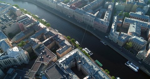 Flight over St. Petersburg. Aerial flight over Saint Petersburg center downtown. View of sightseeing from above