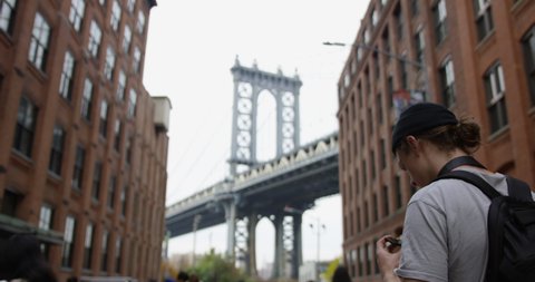 Cultured Photographer Taking Pictures of The Impressive Manhattan Bridge In The Trendy Streets Of Dumbo Brooklyn In Iconic New York 