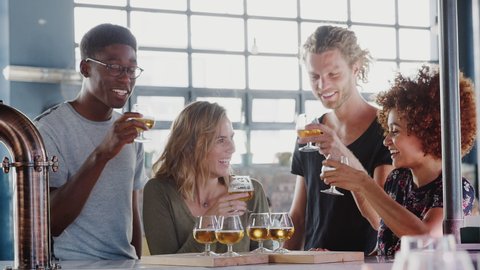 Waitress Serving Group Of Friends At Beer Tasting In Bar