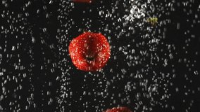 Falling fresh strawberries and cherries splashing into sparkling water on black background. Close up. Video with accelerated.