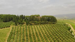 Siena, Tuscany, Italy. Aerial view of the countryside landscape and old village house