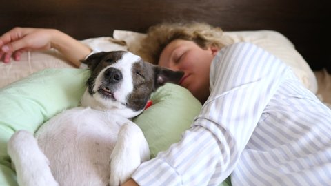 Young Woman Lying And Sleeping With Dog In Bed.
