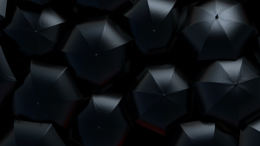 Red Umbrella Wades Through a Flow of Black Umbrellas. Leader in the Crowd Concept. Beautiful 3d Animation, 4K Ultra HD 3840x2160 Royalty-Free Stock Footage #1032216875