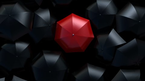Red Umbrella Wades Through a Flow of Black Umbrellas. Leader in the Crowd Concept. Beautiful 3d Animation, 4K Ultra HD 3840x2160