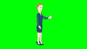 The woman goes with the phone.Green background is used.Animated video.