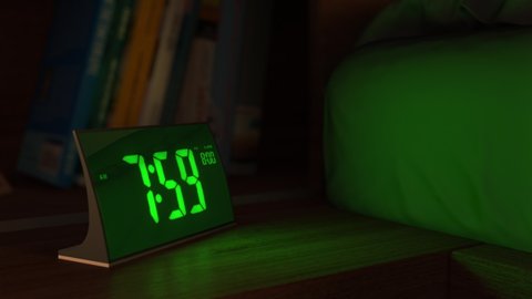 Digital alarm clock in a bedroom waking up at 8 AM. Close-up view. The numbers on the clock screen changes from 7:59 to 8:00 AM. Then alarm logo appears on the screen. 3D rendering animation.