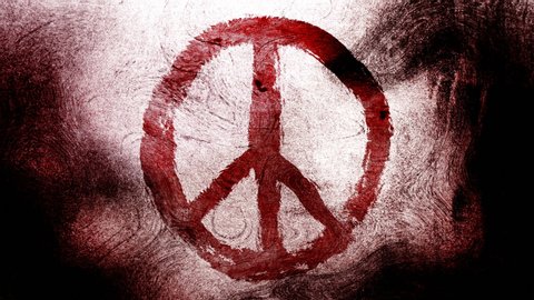 Red peace symbol on contrasted grungy and dirty, animated, distressed and smudged 4k video background with swirls and frame by frame motion feel with street style for the concepts of peace