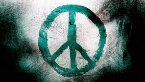 Turquoise peace symbol on contrasted grungy and dirty, animated, distressed and smudged 4k video background with swirls and frame by frame motion feel with street style for the concepts of peace