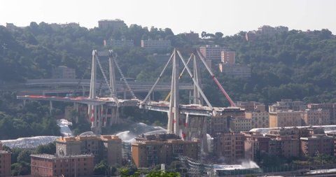 Genoa, Italy, Friday, June 28, 2019.
The remaining pylons 10, 11 of the collapsed Morandi viaduct are demolished with a controlled dynamite explosion after it collapsed on August 2018 with 43 victims.