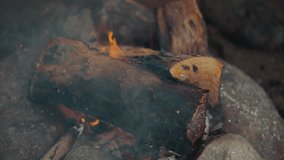Close-up of a flame of fire. Burning wood in 4k video. The fire is fanning, the ashes fly. Logs smolder on the stones.
