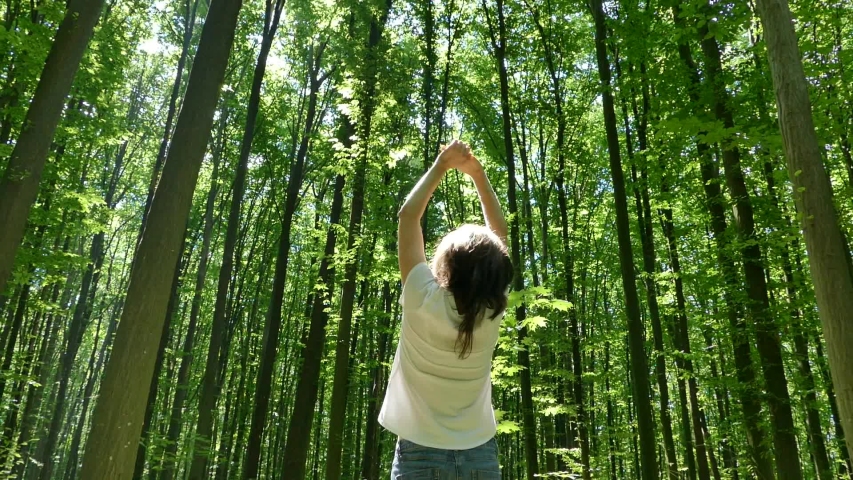 Girl walking through a beautiful green forest. Summer Park. Camping and unity with nature. A happy girl whirls between the trees with her hands up.