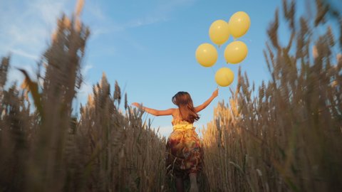 Young girl running through a wheat field holding yellow balloons. Bottom angle of shooting between the rows of wheat