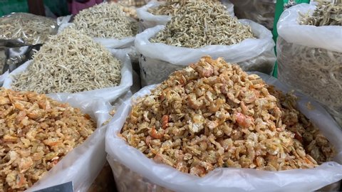Kota Kinabalu,Sabah,Malaysia-June 29,2019:Kota Kinabalu night market sells dried fish, anchovy, dried shrimp and crowed visitors at this market at a cheap price.