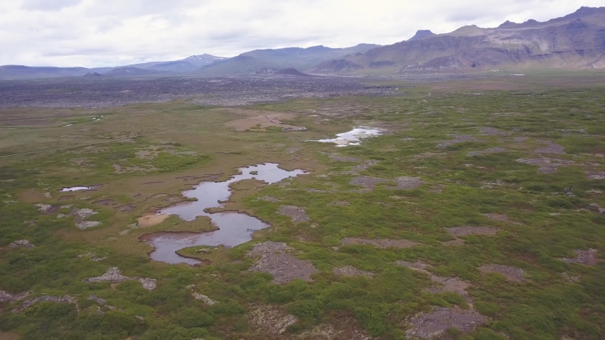 Landscape on Iceland. small ponds on a green meadow.