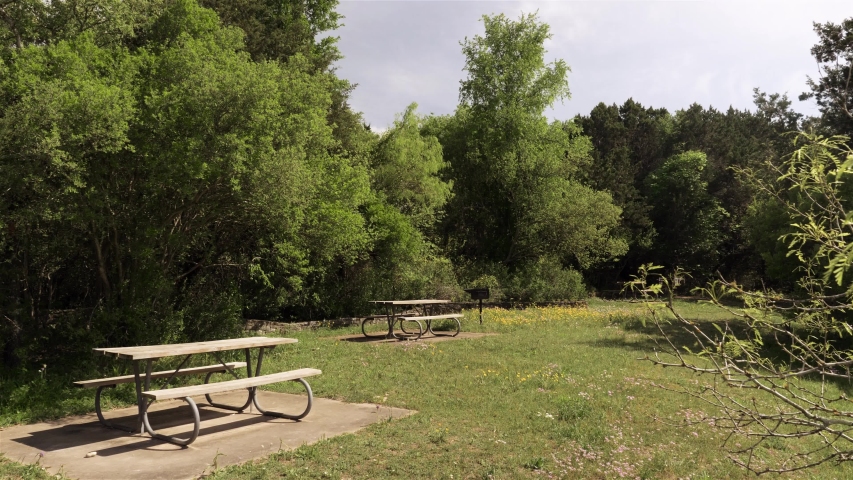 Isolated family picnic area in a park surrounded by lush green trees, springtime blooms and a beautiful sky. Long, pulling back shot revealing a lone tree and a peaceful seasonal scene.