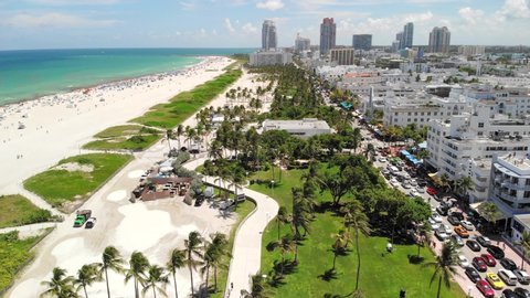 Miami - South Beach - Lummus Park, Ocean Drive and beach Long Aerial shot of the South Beach, Miami, US - Lummus Park with volleyball court , Ocean Drive and beach