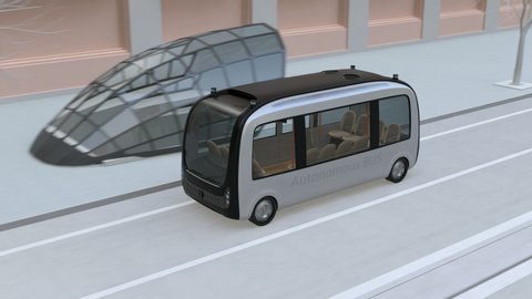 Self-driving shuttle bus driving through an intersection close to bus stop. People waiting at bus stop. 3D rendering animation. 