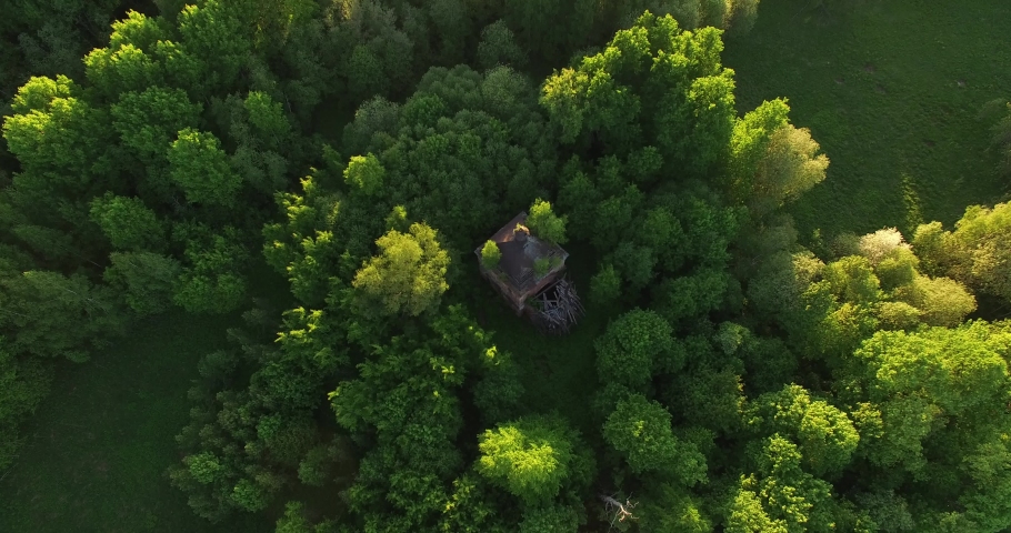 4K high quality early summer sunny afternoon aerial video footage of abandoned village site with ruins of old vintage church in the middle of dense green wild woods in Russia's Yaroslavl region | Shutterstock HD Video #1032314561