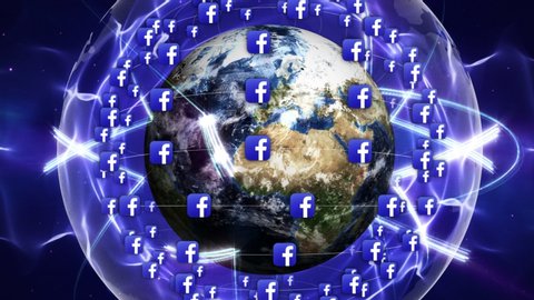 ROME, ITALY - June 30, 2019: Earth and FACEBOOK Logos Around, Connection Network, Animation, Rendering, Background, Loop, 4k
