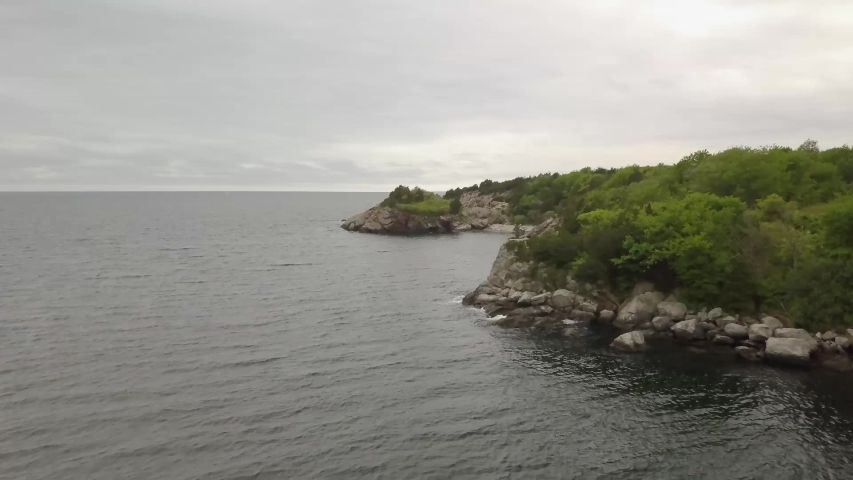 Aerial view of rocky shoreline in Wetherill State Park, Rhode Island part of Narragansett bay