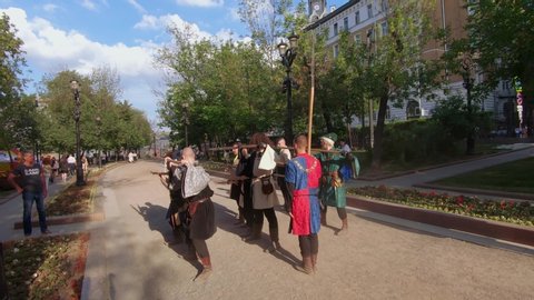 Moscow, Russia, June 09, 2019: At the festival Times and Epochs. Medieval warriors with pikes. History of America XVIII-XIX centuries. The site vividly and in detail illustrates the opposition of the