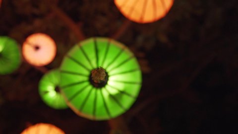 Slow motion Detailed close up shot of paper lanterns hanging in a tree in Hoi An, Vietnam at night