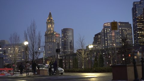 BOSTON, MASSACHUSETTS - FEBRUARY 19 : Downtown cityscape view at night of Boston, Massachusetts on February 19, 2019.