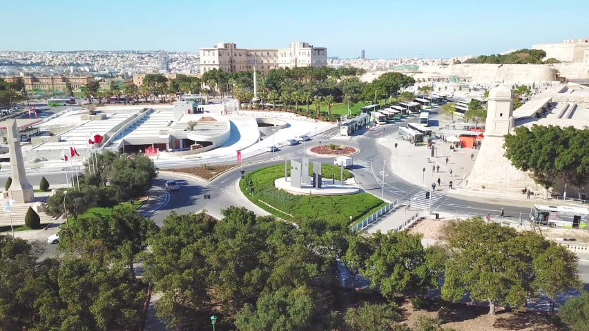 Malta capital - Valletta, the Valletta bus terminal and the Triton Fountain Aerial view of Malta