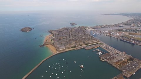 Saint-Malo fortified seaside city in France aerial shot