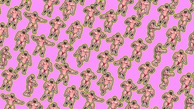Seamless funny animation of sketch bodybuilders dancing on a pink background.Zine culture comic video loop. Summer cartoon concept backdrop.