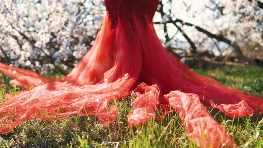chic young model long lush red royal mermaid fish design model dress long train posing forest blossom 
whith flower garden girl dark hair standing back camera turned away mysterious woman without face