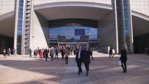 Brussels, Belgium; 2019: Lobbyists and Politicians in front of the European Parliament 