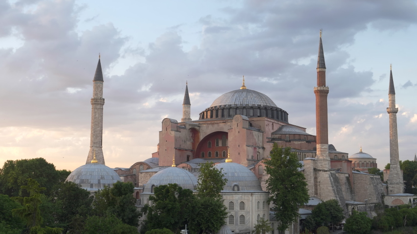 Zoom in on hagia sophia mosque at sunset in istanbul, turkey | Shutterstock HD Video #1032353465