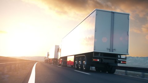 POV shot overtaking a convoy of semi trucks driving on a highway into the sunset. Fast and dynamic camera. Realistic high quality 3d animation.