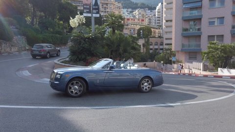 Monte-Carlo, Monaco - June 20, 2019: Luxury Rolls-Royce Phantom Drophead Coupe Driving Around The Fairmont Famous Hairpin Turn In Monte-Carlo, Monaco On The French Riviera