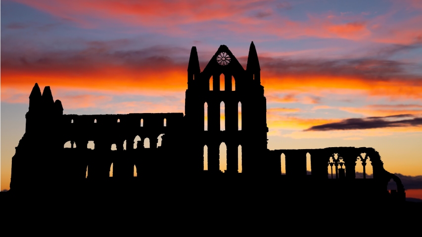 Whitby Abbey at Twilight, Ruined Gothic Church which Inspired the Novel Dracula, Yorkshire, England, UK Royalty-Free Stock Footage #1032373037