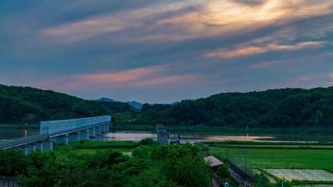 PAJU, SOUTH KOREA New and former Freedom bridges (railway) over Imjin River, connecting North and South Korea in Demilitarized Zone, DMZ 