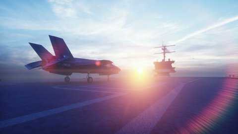 F-35 fighter takes off vertically from the aircraft carrier at sunrise