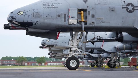 FORT WAYNE, INDIANA / USA - June 8, 2019: Ground crew and pilots prepare an A-10 Thunderbolt II 'Warthog' for a flight at the Fort Wayne National Guard Base.
