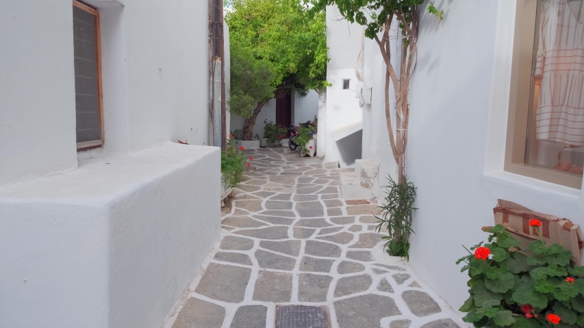 Walking with steadycam in picturesque narrow street with traditional whitewashed houses with blooming bougainvillea flowers of Naousa town in famous tourist attraction Paros island, Greece